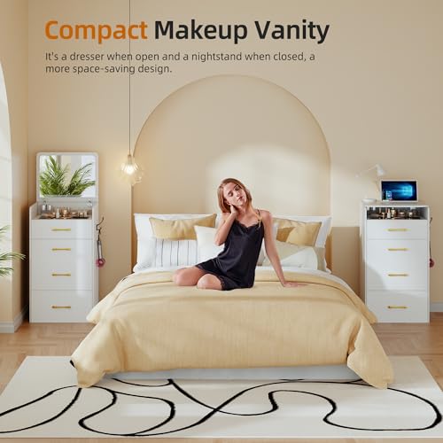 Gurexl 3 in 1 Vanity Desk with Flip Top Mirror for Bedroom,Small Compact Vanity with Visible Glass Desktop for Cloakroom,Makeup Vanity Set with 3 Drawers,Cushioned Stool,Dressing Table,White Gurexl