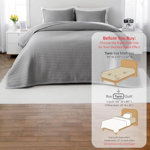 Twin Quilt Set – 68"x86" Soft Washed 3-Layer Lightweight Bedspread with Multi-Lock Quilting, Minimalist Nordic Bedding, All-Season Quilt for Spring, Summer & Fall (1 Quilt + 2 Pillow Shams), Grey DAWNDIOR