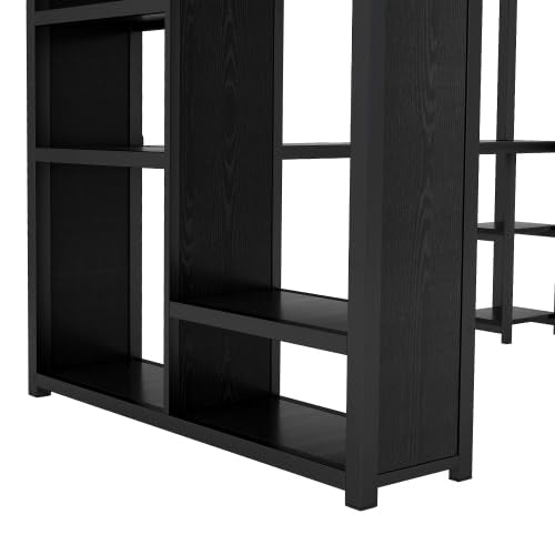 Queen Size Loft Bed with Built-in Wardrobe, Metal Loft Bed Frame with Desk and Storage Shelves, Black Bellemave