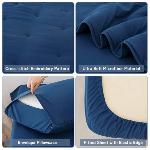 DreLunis 4-Piece Toddler Bedding Set for Boys Navy Blue Embroidery Kids Comforter Sets Soft Breathable Toddler Bed-in-a-Bag Includes Comforter, Flat Sheet, Fitted Sheet, Pillowcase DreLunis
