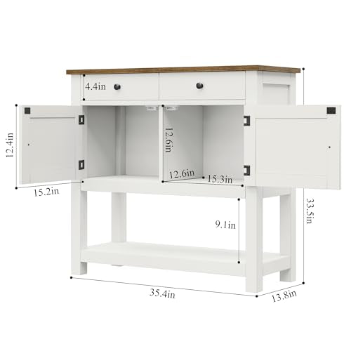 HOSTACK Farmhouse Console Table with 2-Door Cabinet & 2 Drawers, Coffee Bar, Entryway Table with Storage Shelf, Sofa Tables Buffet Sideboard for Kitchen, Hallway, Dining, Living Room, White HOSTACK