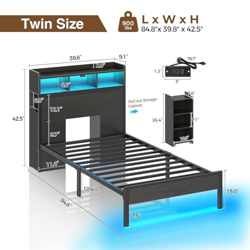 Rolanstar Twin Bed Frame with Bookcase Storage Headboard, Slide Out Bedside Storage, Bed with Charging Station & LED Lights, Heavy Duty Metal Slats, No Box Spring Needed, Noise Free, Black Rolanstar