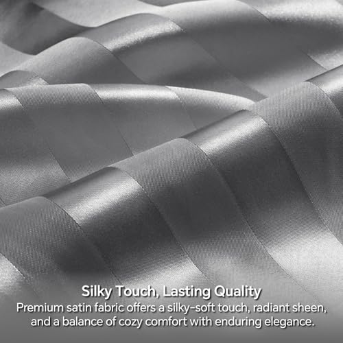 BEDELITE Satin Sheets Queen Size, Luxury Jacquard Striped Dark Grey Bedsheets with Elastic Corner Straps, Similar to Silk Sheets Set 4 PC with 1 Deep Pocket Fitted Sheet, 1 Flat Sheet, & 2 Pillowcases BEDELITE