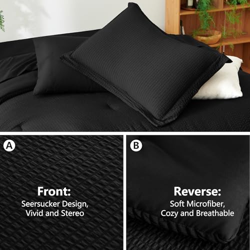 CozyLux King Size Comforter Set Black - 7 Pieces Striped Seersucker Bed in a Bag, Soft Lightweight Boho Bedding Set with All Season Comforters King Size, Sheets, Pillowcases & Shams CozyLux