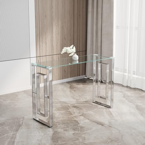 HomVent Silver Glass Console Table Narrow Sofa Table with Tempered Glass Top and Stainless Steel Legs for Entryway, Living Room (Silver) HomVent