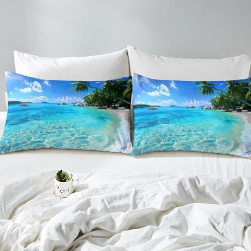 Erosebridal Ocean Duvet Cover Summer Beach Decor Hawaiian Vacation Style Bedding Set Palm Trees Tropical Nature Sea Theme Home Decor Comforter Cover Set, 1 Duvet Cover with 1 Pillow Case Twin Size Erosebridal