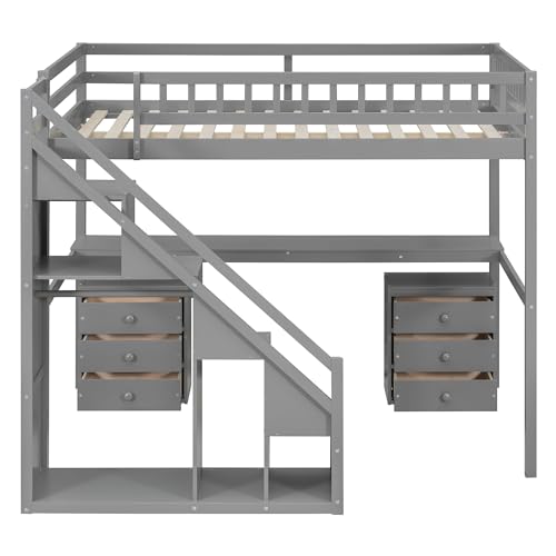 Bellemave Full Loft Bed with Stairs and Shelves, Wood Loft Bed with Two Chest of Drawers, Wardrobe, LED for Kids, Teens, Adults, Gray Bellemave