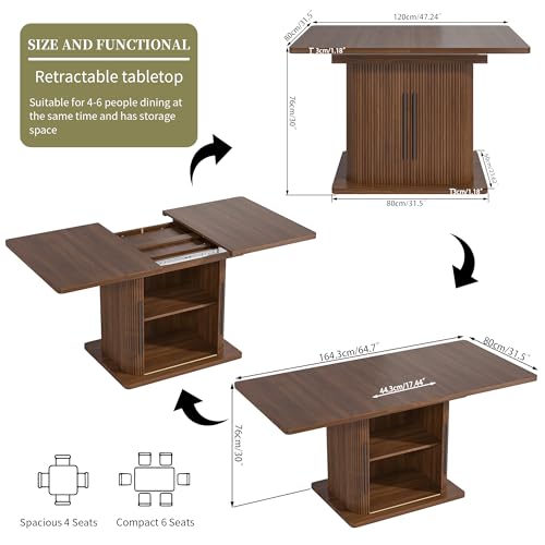 Extendable Dining Room Table for 4-6, 47-65 Inch Rectangle Kitchen Dining Table with Large Storage, Fluted Sliding Door, Expandable Mid Century Modern Dinner Furniture, Living Room, Walnut, Brown Woemtoric