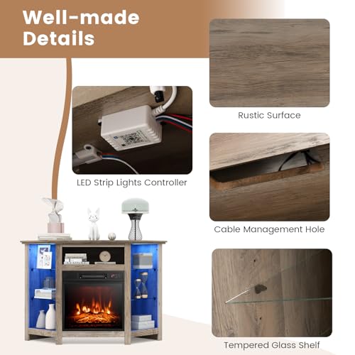 Tangkula Fireplace Corner TV Stand with LED Lights & Smart APP Control for 50 Inches TV, Entertainment Center with Adjustable Glass Shelves, 18” Electric Fireplace, Remote Control, Thermostat Tangkula