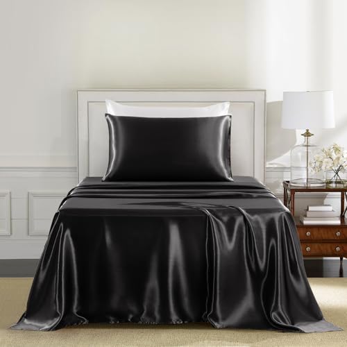 GOLAL Satin Sheets Twin Size - 3 Pieces Luxury Silky Soft Bed Sheets for Kids, Wrinkle-Free Black Satin Silk Sheet Set with 1 Deep Pocket Fitted Sheet, 1 Flat Sheet, 1 Pillow case GOLAL