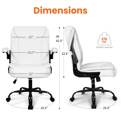 NEO CHAIR Office Desk Computer Chair Ergonomic Executive Mid-Back Leather Gaming Chair with Adjustable Flip-Up Armrests Wheels Swivel for Home Study Task (White) NEO CHAIR