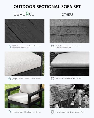 SERWALL HDPE Outdoor Patio Furniture Set, 7-Piece Outdoor Sectional Patio Conversation Set, All Weather Outdoor Couch Set Patio Sofa Set for Deck, Lawn, Black Frame with Khaki Cushion SERWALL