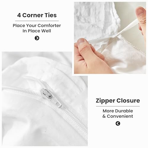 WARMDERN Duvet Cover Set Queen Size, 3pcs Washed Microfiber White Bedding Set, Soft Breathable Striped Textured Seersucker Duvet Cover with Zipper Closure & Corner Ties(White, Queen) WARMDERN