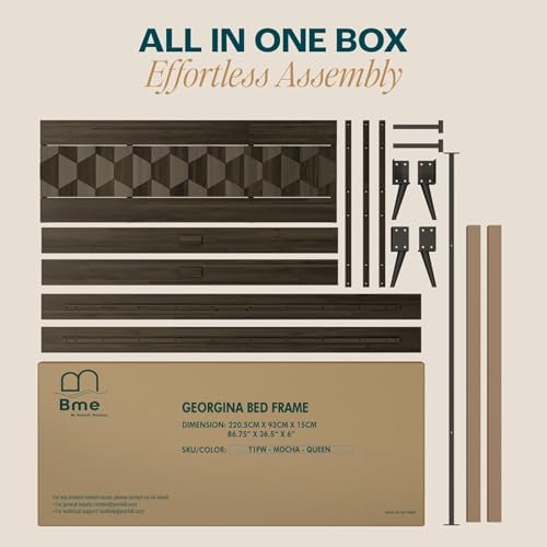 Oliver Queen Size Bed Frame - 15-Inch Mid Century Design with Rattan Headboard, Bohemian Style, No Box Spring Needed, Easy Assembly in Caramel Bme