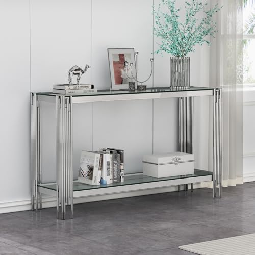 SSLine Modern Luxury Console Table Rectangular Glass Accent Entryway Table for Hallway Living Room, 2-Tier Storage, Silver Stainless Steel Frame Design SSLine