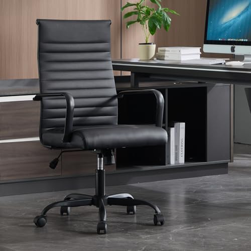 Haranuo Conference Room Chairs, Ergonomic Executive Office Chair, Ribbed Leather Desk Chair with Lumbar Support, Adjustable Height Mid-Back Swivel Chair with Padded Seat Haranuo