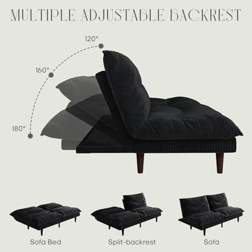 DreamDashio Futon Sofa Bed, 69 inch Futon Couch with Adjustable Backrest, Corduroy Convertible Sleeper Sofa Bed, Folding Sleeper Recliner for Apartment, Living Room, Office, Black DreamDashio