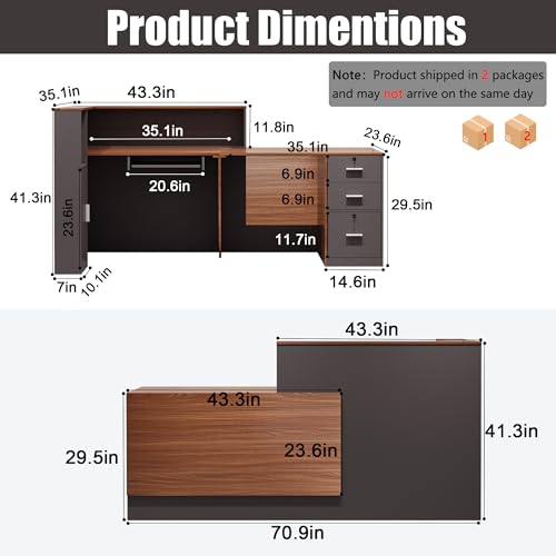 Zethvax L-Shaped Reception Desk,Large Front Desk with Keyboard Tray, Lockable Drawers & File Cabinet, Receptionist Desk for Checkout,Lobby (Right L-Walnut/Slate Gray, 71''L x 23.6''W x 41.3''H) Zethvax