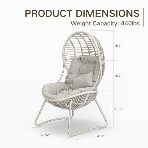 Kingdura Outdoor Wicker Egg Chair with Cushion, Oversized PE Rattan Chair, All-Weather Patio Lounge Chair for Balcony Porch Lawn & Indoor, 440LBS Capacity (Beige) Kingdura