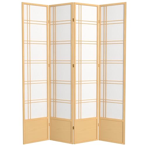 Oriental Furniture 7 ft. Tall Double Cross Shoji Screen - Natural - 4 Panels Red Lantern