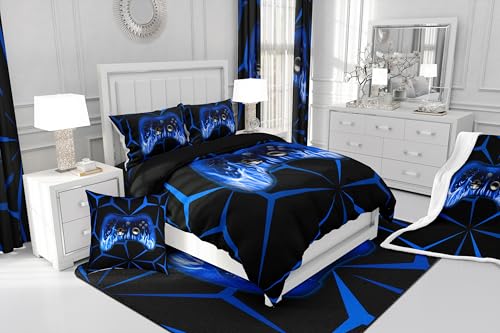Feelyou Kids Gamer Comforter Set,Gaming Bedding Set Twin Size for Boys Girls,3D Geometric Video Game Console Comforter,Blue and Black Game Contoller Bed Set for All Season Feelyou