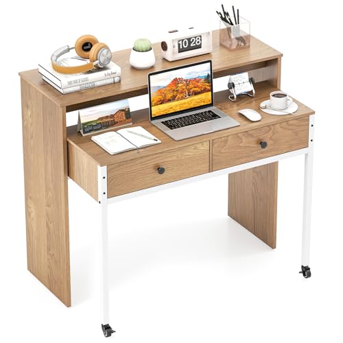 Tangkula Extendable Computer Desk with 2 Drawers, Small Writing Desk with Pull Out Secondary Desk, Console Table, Wood Study Workstation, Laptop Desk for Small Space Home & Office (Natural) Tangkula
