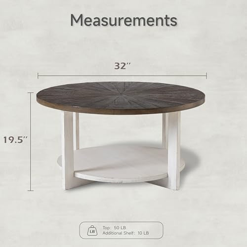 COZAYH Round Wood Coffee Tables with Storage, Rustic Farmhouse Coffee Table with Distressed Wood Top, Large Circle Table for Living Room, Brown, 32Dx32Wx19.5H in COZAYH