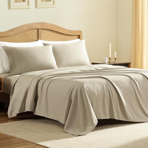 ClevaHome Sheet Set Queen Size, 4-Piece Bedding, Lightweight & Super Soft Easy Care Microfiber– Shrinkage & Fade Resistant Bedding Set with 14'' Deep Pockets (Sandy Beige) Cleva