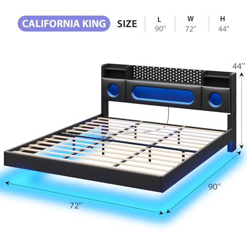 busyaeh California King Bed Frames, Floating Bed with Storage Headboard & LED Lights, Cal King Bed Frame with Headboard, Platform Bed No Box Spring Needed, Noise-Free, Easy Assembly, PU Black busyaeh