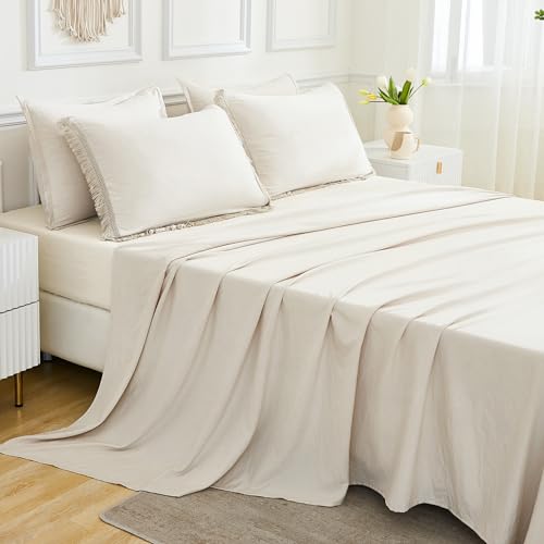 Andency King Size Comforter Set 7 Pieces, Beige Bed in a Bag King Fluffy Boho Tassel Bed Set, Cream Fringe Bedding Set with Quilt Comforter, Sheets, Pillowcases & Shams Andency
