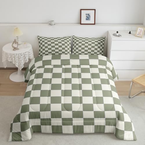 Erosebridal Plaid Comforter Set Twin Beige Sage Green Checkerboard Quilt Set Geometric Checkered Bedding Set for Kids Boys Girls, Aesthetic Grid Duvet Set Modern Room Decor 2 Pcs Erosebridal