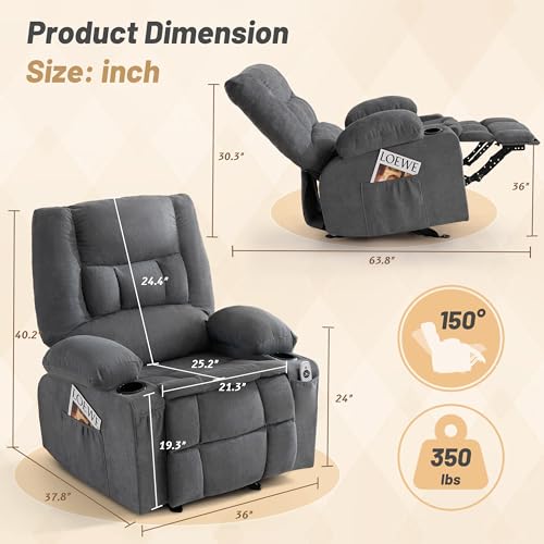 Rocker Recliner Chair with Massage and Heat, Nursery Rocking Chairs for Living Room, Ergonomic Comfy Relining Chair with Cup Holders, USB Charge Port, Side Pockets, Manual Recliner Chairs, Grey