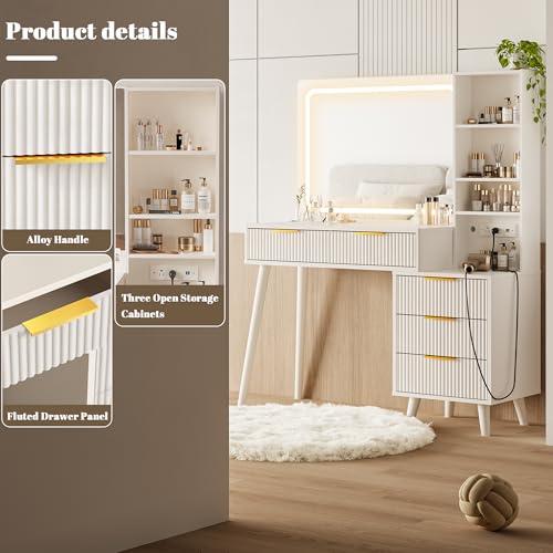 Vanity Desk with Mirror and Lights, Makeup Vanity Desk with Power Outlet, Makeup Desk with 5 Drawers&Storage Shelves, Vanity Table 3 Color Modes Adjustable Brightness Dressing Table Set for Bedroom INNOD