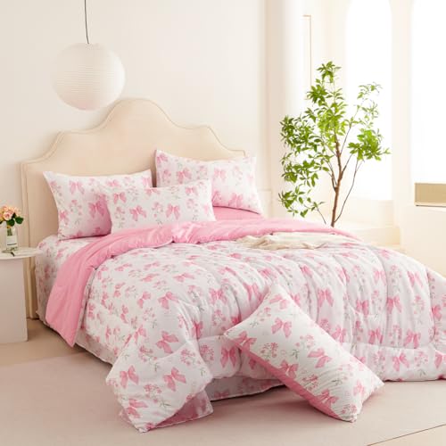 Jolusere Pink Bow Comforter Set Full Size Pink Floral Comforter for Girls Kids Romantic Princess Style Bowknot Bedding Set Ultra Soft Reversible Garden Flower Comforter Sets with 2 Pillowcases 3Pcs Jolusere