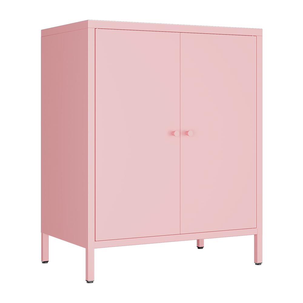 Fumedo Small 2 Transparent Door Metal Storage Side Buffet Cabinet for Bed Room,Living Room,Entryway,Hallway,Home,Hotel,Office,Garage,Kitchen,1 Removable Shelf. (Metal Door, Pink) Fumedo