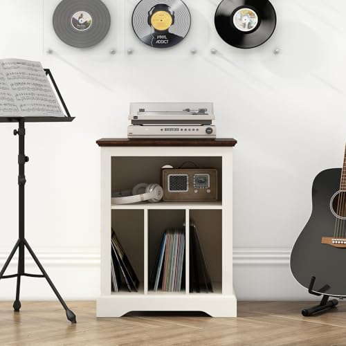 RowyPoey Farmhouse Record Player Stand, 3 Tier End Table, Turntable Stand with Vinyl Record Storage, Wood Record Holder Cabinet Dispaly Shelf for Living Room,Bedroom,Office,Antique White RowyPoey