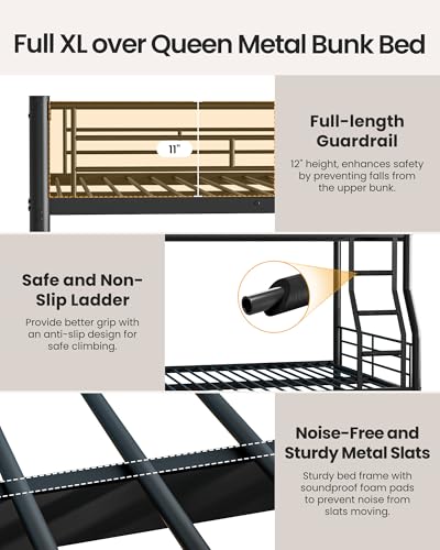 Mixcous Full XL Over Queen Bunk Bed with Trundle, Heavy-Duty Metal Bunk Bed w/Full-Length Guardrail & EVA Padded Ladder, Convertible to 3 Separate Beds for Adults, Teens, Noise-Free, Black Mixcous