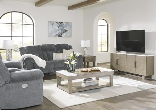 Signature Design by Ashley Tip-Off Modern Wall Hugger Power Reclining Loveseat with Adjustable Headrest, USB Ports, Storage and Cup Holders, Gray Signature Design by Ashley