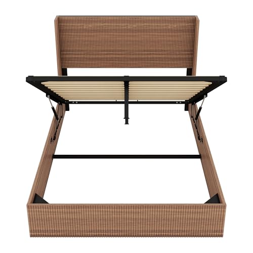 Lift Up Storage Bed Queen Size, Queen Bed Frame with Headboard and Lift Storage System, Wood Headboard with Wing-Back and Convex Groove Board Design Bellemave