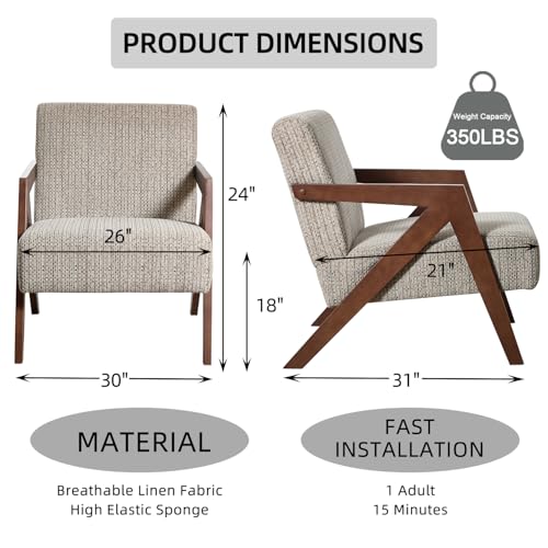 INZOY Accent Chairs Set of 2, Mid Century Modern Accent Chair with Wood Frame, Upholstered Reading Armchair with Soft Linen Fabric, Accent Chair for Living Room Bedroom Apartment, Easy Assembly, Brown INZOY