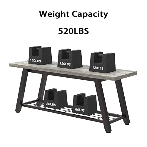 Oastreeful Grey Storage Bench Industrial Rustic Wooden and Metal Entryway Shoe Boots Storage Rack Long Bench Seat for Hallway Bedroom Rustic Farmhouse Style Oastreeful