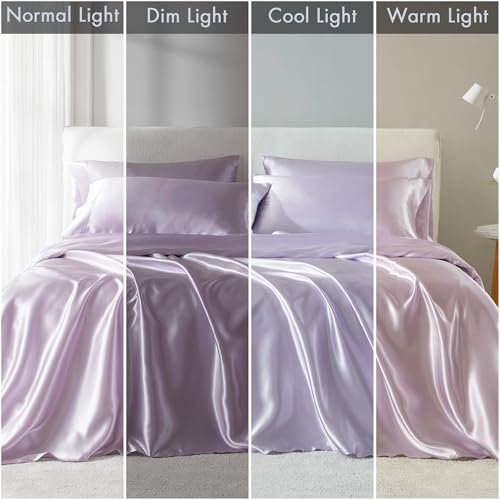 Madison Park Satin Sheets Twin Size, Luxurious Silky Bed Sheets, Elastic 14" Pocket fits up to 16" Mattress, Wrinkle-Free, Soft Satin Bed Sheet Set, Lilac 4 Piece Madison Park