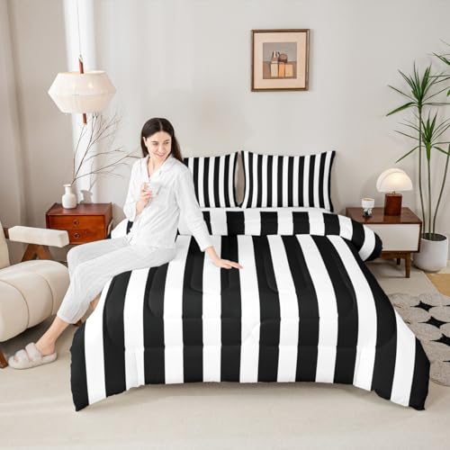 Erosebridal Black and White Striped Twin Comforter Set (Pink Reversible) | Striped Bedding Set Pink and Black Comforter Sets for Kids Teens Adults Cute Pinstripe Girls Bed Quilt Sets Erosebridal
