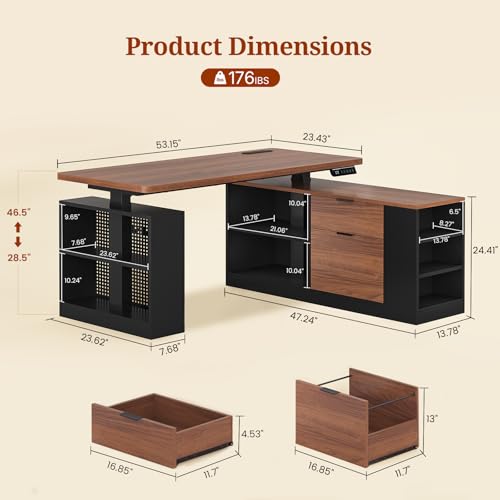 UPOSOJA L Shaped Standing Desk Adjustable Height, 53" Electric Office Desk with File Drawers & Storage Shelves, Sit Stand Corner Computer Desk with Power Outlets, Pegboard, 6 Hooks, Black & Walnut UPOSOJA