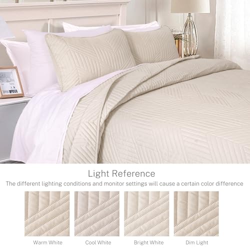 Exclusivo Mezcla Ultrasonic King Quilt Bedding Set, Lightweight Brich Beige Bedspreads Soft Modern Geometric Coverlet Set for All Seasons (1 Quilt and 2 Pillow Shams) Exclusivo Mezcla