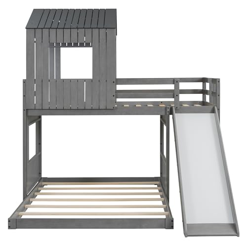 Harper & Bright Designs House Bunk Bed with Slide,Wood Twin Over Full Bunk Bed with Roof,Ladder & Safety Guardrail,Floor Bunk Loft Bed for Kids,Teens,No Box Spring Needed, Antique Grey Harper & Bright Designs