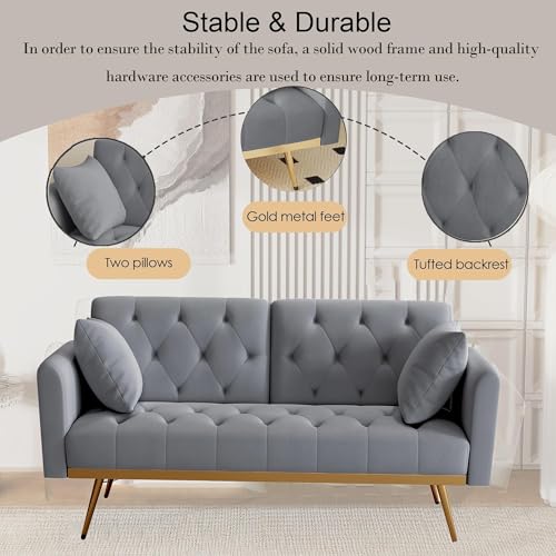 Modern Velvet 2 in 1 Futon Sofa Bed,Convertible Folding Sleeper Bed Couches with 2 Pillows,73" Tufted Recliner Love Seat with Golden Chrome Legs for Living Room Apartment Office (Grey-New) Anwick