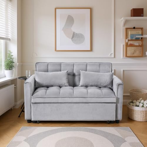 Yeehacc 3 in 1 Convertible Sleeper Sofa Bed, Pull Out Couch Loveseat Futon, Adjustable Backrest Velvet Sofa with Pillows and Side Pockets for Living Room Apartment, Light Grey Yeehacc
