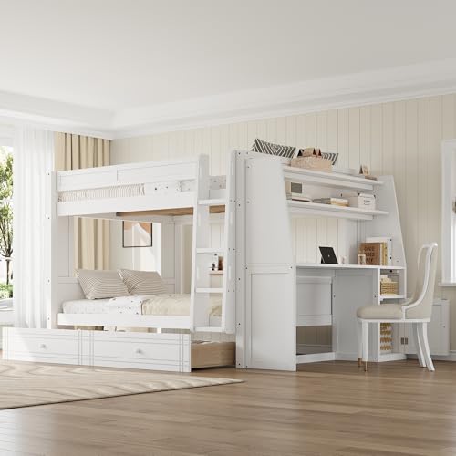 LUMISOL Full Over Full Bunk Bed with Desk and Bookshelves, Solid Wood Bunk Bed with Drawers for Kids Teens Adults, Safety Guardrail, Space-Saving Wooden Bunk Beds with Storage, White LUMISOL