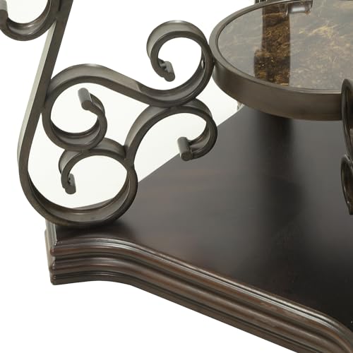 HomVent Vintage Console Table with Glass Top and Scrollwork Metal Legs,Mid-centruy Dark Brown Entryway Table Sofa Side Tables Narrow Tables HomVent